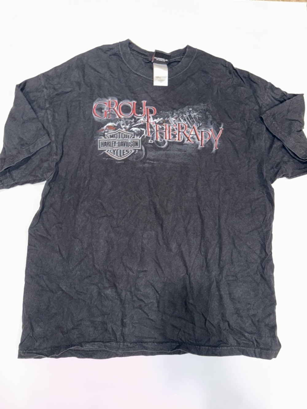Harley-Davidson Black Tee with Red and White 'Group Therapy' Graphic